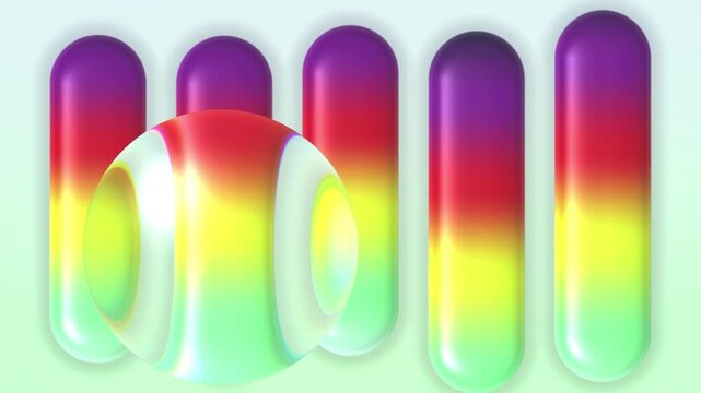 Rainbow Yellow Pink Liquid Glass Capsules Motion Background, Smooth Floating Gradient Capsules Animation Seamless Loop, 4K