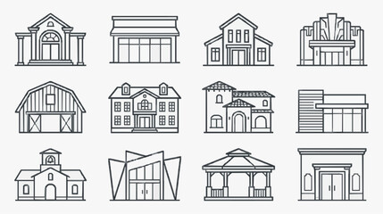 Fototapeta premium Dynamic Set of 12 Black and White Line Drawing Icons Featuring Various Architectural Styles and Buildings