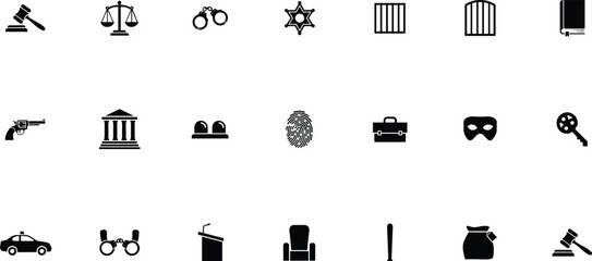 Law enforcement justice and crime solid black silhouette icon set featuring judge gavel scales handcuffs sheriff star prison bars court building police car fingerprint mask gun and money bag © KHATUN