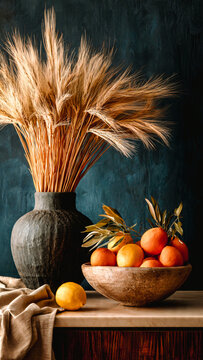 Nature morte avec &eacute;pis de bl&eacute; dans un vase et fruits dans une coupe