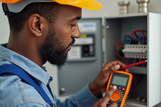 Close-up Image of African American Electrician Using Multimeter to Check Fuse Box