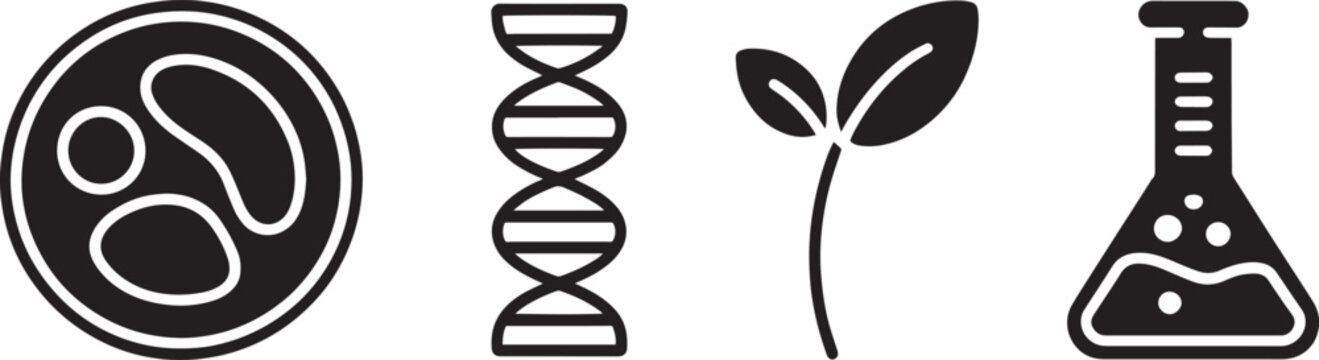 Science icons including a petri dish, dna strand, plant sprout, and beaker represent biological research.