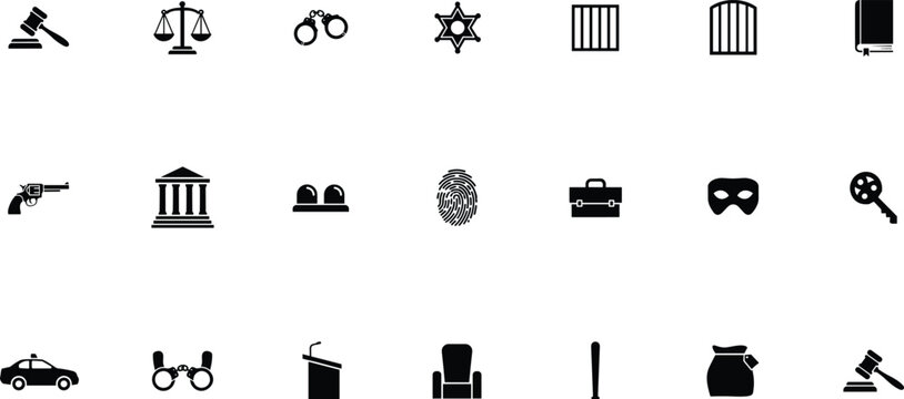 Law enforcement justice and crime solid black silhouette icon set featuring judge gavel scales handcuffs sheriff star prison bars court building police car fingerprint mask gun and money bag