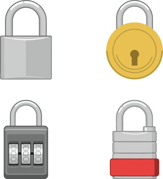 Security padlock icons flat vector set containing combination code lock round keyhole and steel shackles on white background