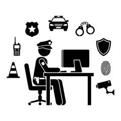 Police officer sitting at a computer desk surrounded by law enforcement symbols including a patrol car, handcuffs, badge, and camera © shahin9