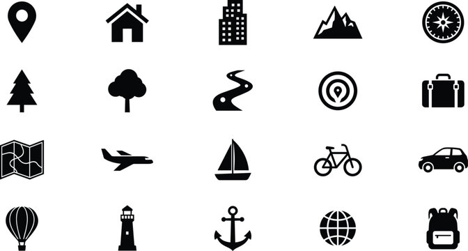 Travel navigation and outdoor tourism solid black silhouette icon set featuring map pointer pin house building mountain compass tree road suitcase map 