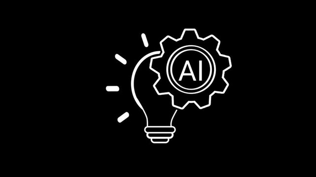 Minimalist white line art icon depicting an artificial intelligence light bulb merged with a gear wheel against a solid black background.