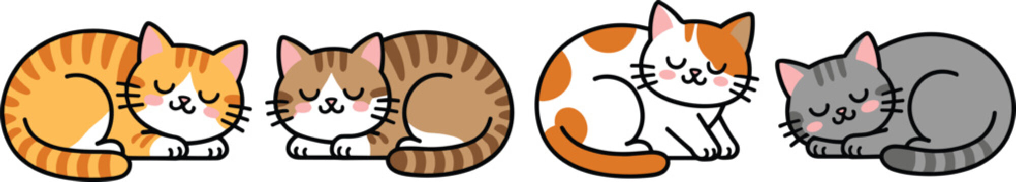 Cute cartoon sleeping cats vector illustration set with colorful striped ginger grey and calico kittens isolated on white background