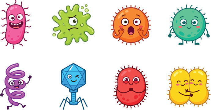 Cute cartoon germ and bacteria monster vector character set featuring colorful microbe cells virus pathogen bacteriophage spiral spirillum and hugging twin cells.