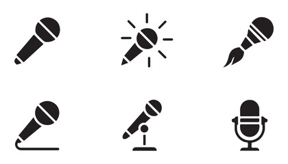 Icon set of handheld and desk microphones featuring modern designs for broadcasting and media events. © Suraiyajannat
