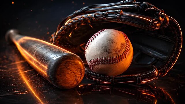 Baseball bat, ball and glove with orange neon light