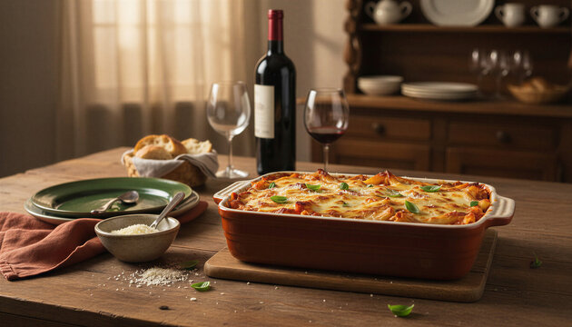 Baked ziti dish with red wine and bread on a rustic table setting