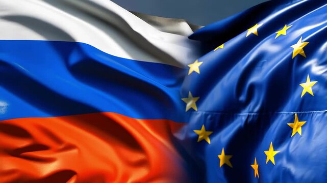 Russian flag and European Union flag waving side by side in the wind, split-screen vertical video symbolizing geopolitics, diplomacy and international relations