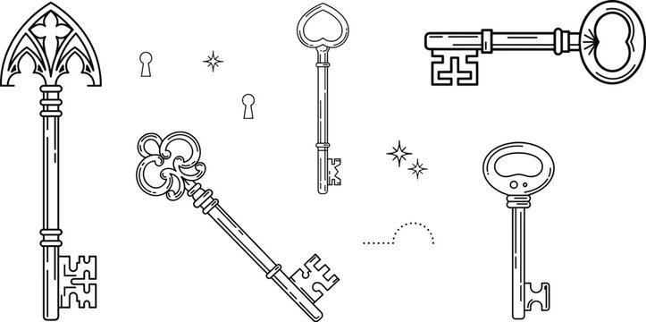 Vintage antique keys line icon set featuring medieval gothic gothic design heart shaped bow ornate filigree skeletons keyholes and decorative star elements