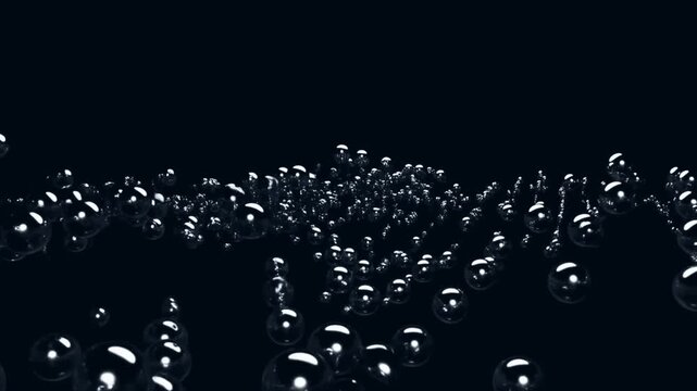 Floating black glossy spheres moving in a rhythmic dark wave pattern