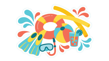 Vibrant summer swimming accessories arrangement with lifebuoy flippers goggles and snorkel on colorful splashes © Dikzma