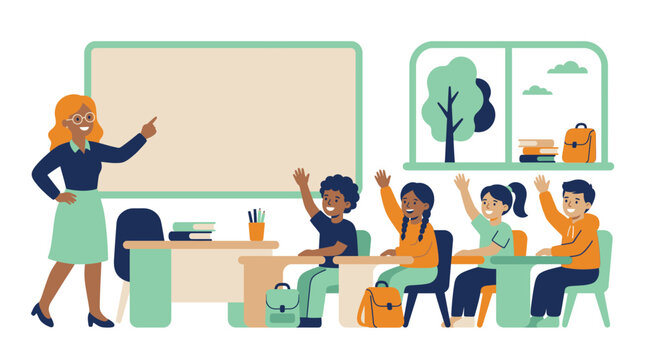A teacher standing confidently in front of a classroom with students raising their hands engaging in interactive learning and education.