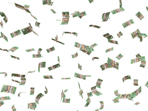  Floating 100 Australian Dollar Rain Wealth, Finance, Success, and Cash Windfall Concept.