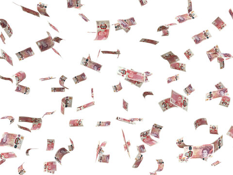  Floating 50 GBP Queen Rain Wealth, Finance, Success, and Cash Windfall Concept.