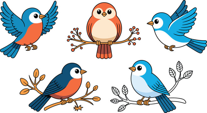 Cute cartoon bluebird and robin vector illustration set with flying and perching positions on branches isolated on white background