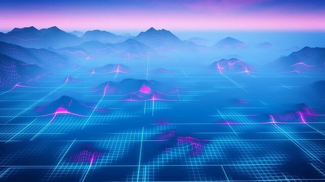 Abstract Digital Landscape with Glowing Neon Grid Mountains at Sunset
