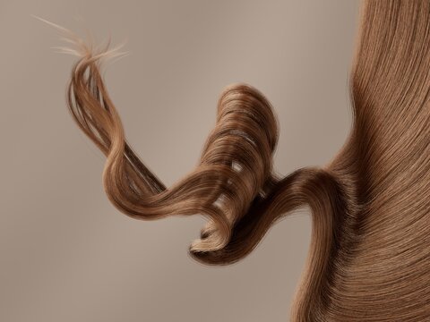 A close-up shot captures a single, flowing strand of hair curling elegantly against a soft, neutral background. 3d render illustration.