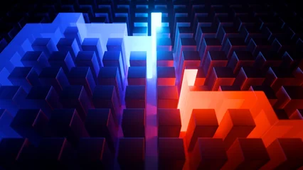 Abstract geometrical background. Neon light flowing through a volumetric maze. 3d rendering illustration. © wacomka