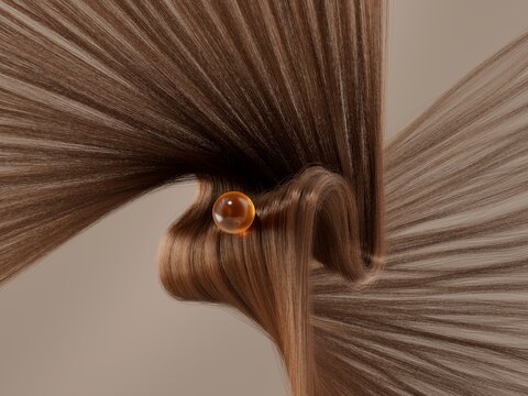 A glossy amber sphere rests on flowing, smooth brown strands against a soft beige background.