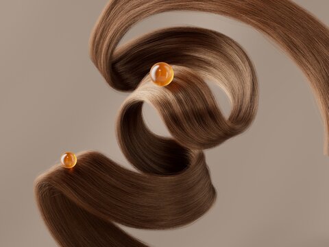 Smooth brown hair strands swirl elegantly, adorned with glowing golden spheres that highlight their texture and shine.