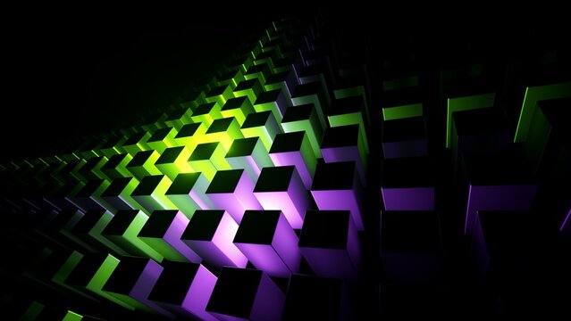 Abstract background. Perspective view on volumetric structure of cubic shapes lit with purple and green neon light. 3d digital illustration.