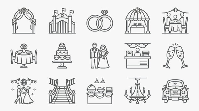 Modern Black and White Wedding Set of 15 Iconic Symbols and Scenes for Event Planning and Design