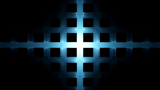 Simple geometric background. Abstract arrangement of cubes in the dark, illuminated with blue neon light. 3d digital illustration.