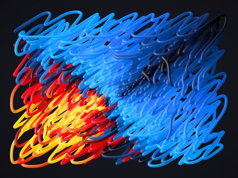 Abstract art features swirling blue and red lines against a dark background, creating dynamic motion and contrast. 3d render illustration.