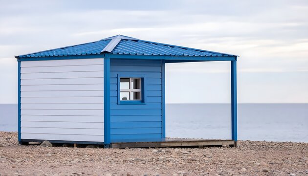 Blue modern shed with white trim on gravel.
