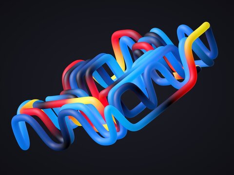 A colorful, abstract 3D ribbon structure twists and loops against a dark background, showcasing vibrant gradients of blue, red, and yellow. 3d render illustration.
