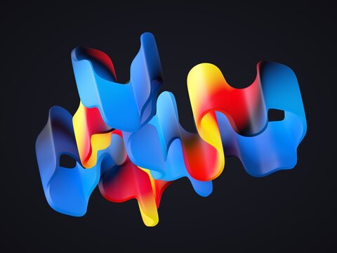 Abstract 3D shapes in vibrant blue, red, and yellow twist against a dark background. 3d render illustration.