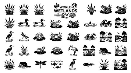 Fototapeta premium World Wetlands Day illustration features various wetland icons and animals in a natural setting with plants and water.