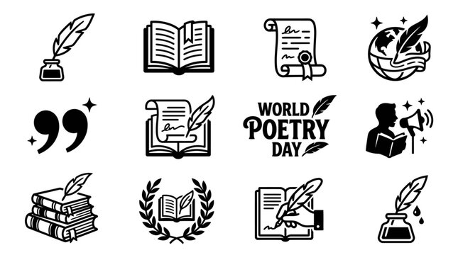 Illustrations celebrating World Poetry Day with books and quills on a simple background