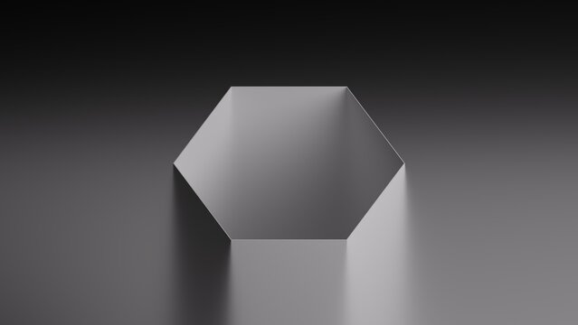 Grey hexagon shape with grainy noise and shadow. Abstract geometric monochrome background. 3D render illustration.