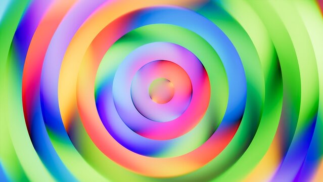 Abstract multicolored background. Spiral neon rings in rainbow colors swirl toward the center. Dynamic circular gradient with a hypnotic look