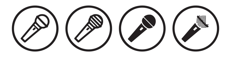 Set of black circular microphone icons showing various handheld professional studio recording tools. © Suraiyajannat