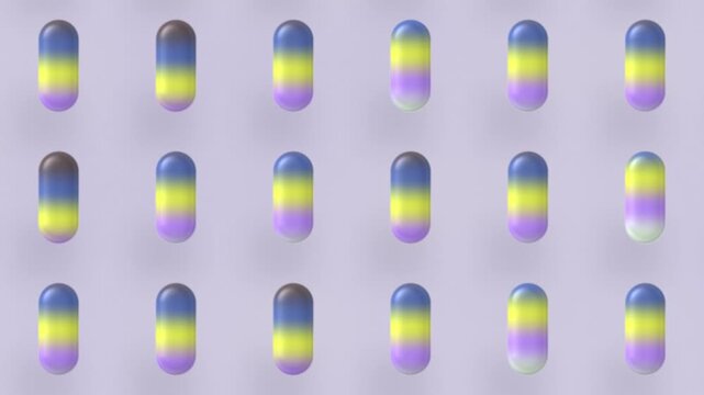 Blue Yellow Purple Liquid Glass Capsules Motion Background, Smooth Floating Gradient Capsules Animation Seamless Loop, 4K