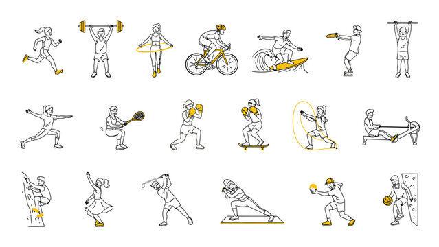 Collection of various active people performing different athletic exercises and sports in simple line art