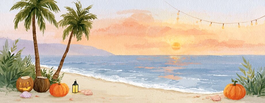 Watercolor illustration of a tropical Halloween beach at sunset with carved pumpkins, palm trees, and festive string lights over the ocean. Unusual autumn holiday vacation concept.