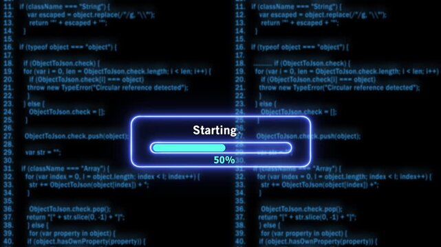 Dynamic digital progress bar loading animation overlaid on scrolling blue software source code background, for tech presentations, cyber security concepts, and modern programming interface
