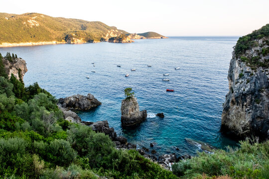 Paleokastritsa beach, Corfu, Greece. A view of Paleokastritsa beach on Corfu, Greece, one of the Island's most popular resorts.