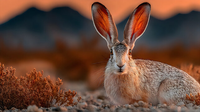 Curious wild jackrabbit displaying remarkable alert posture golden twilight scenery pictures