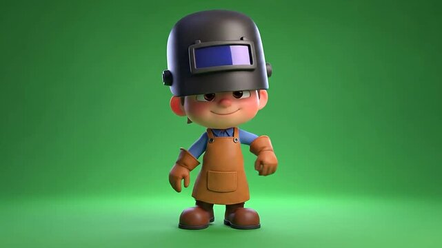 3D cartoon boy welder wearing brown apron and welding helmet on green background