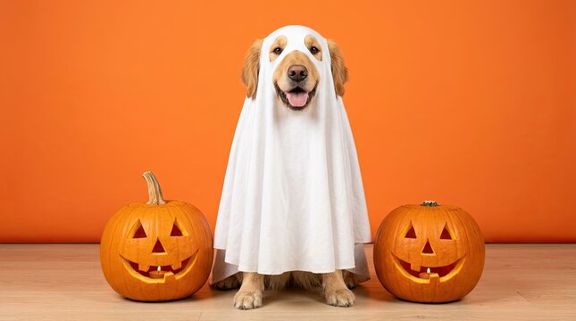 Halloween dog costume cute golden retriever dressed as ghost with jack o lanterns