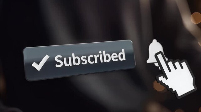 Digital subscribe button with notification bell being clicked by a pixelated hand cursor